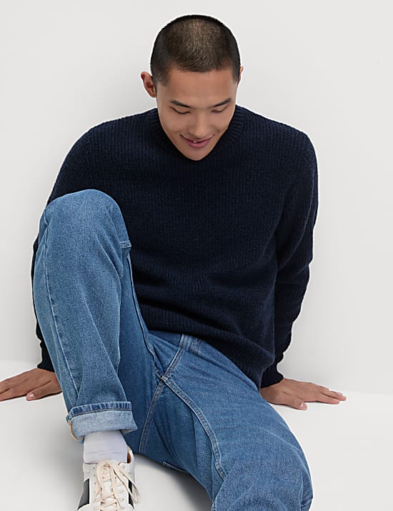 Cotton Blend Textured Crew Neck Jumper