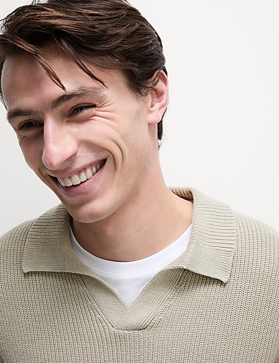 Cotton Rich Open Neck Jumper with Wool