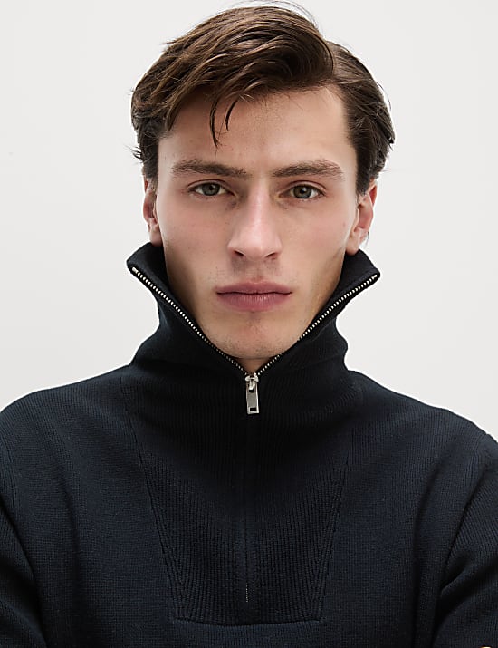 Cotton Blend Textured Half Zip Jumper