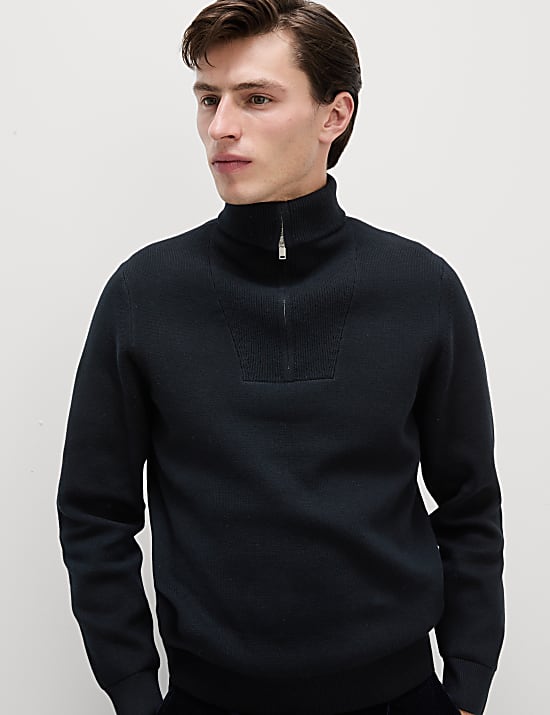 Cotton Blend Textured Half Zip Jumper