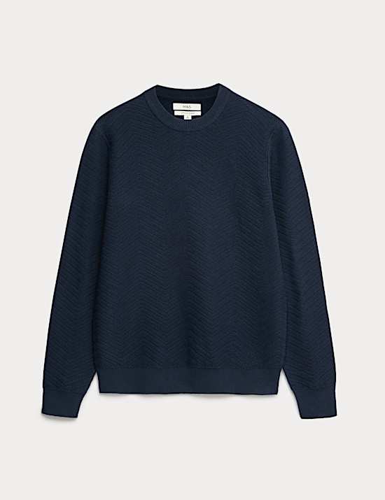 Cotton Blend Herringbone Crew neck Jumper