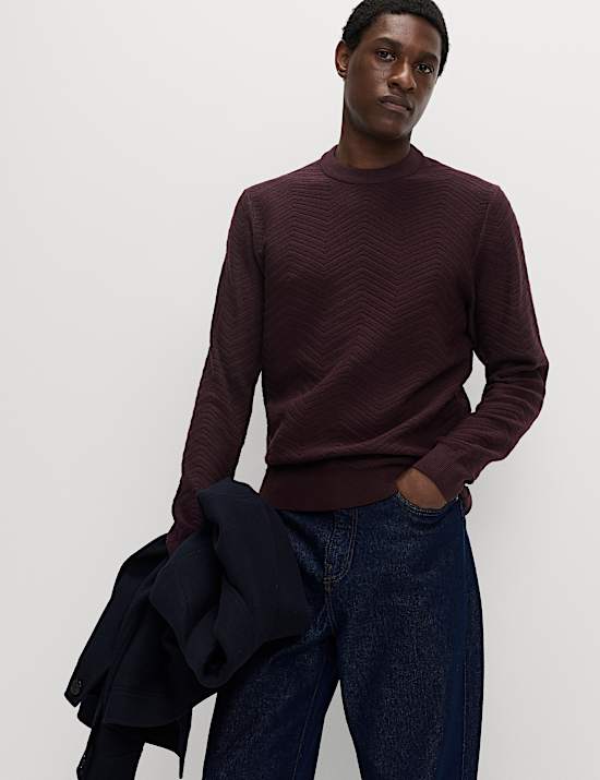 Cotton Blend Herringbone Crew neck Jumper