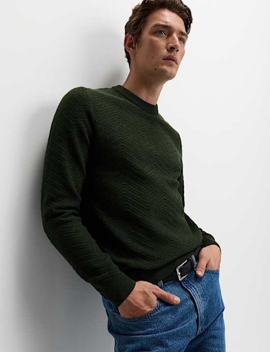 Cotton Blend Herringbone Crew neck Jumper