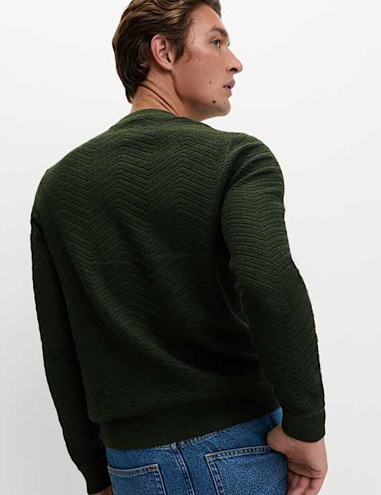 Cotton Blend Herringbone Crew neck Jumper
