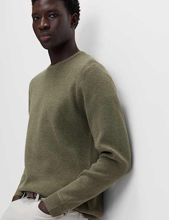 Cotton Blend Fine Ribbed Crew Neck Jumper