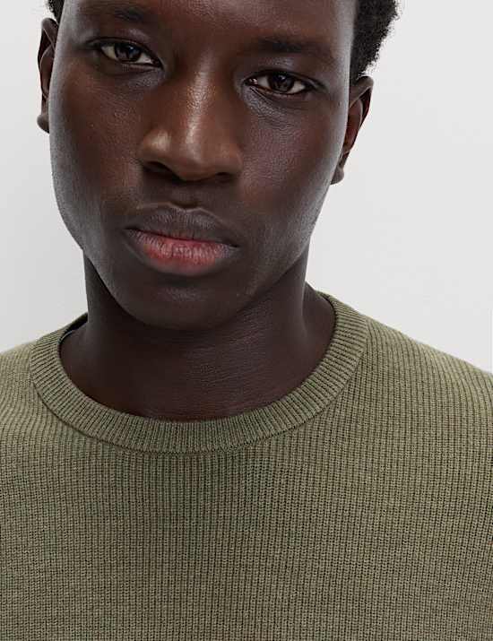 Cotton Blend Fine Ribbed Crew Neck Jumper