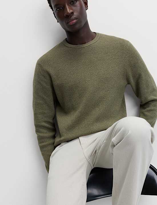 Cotton Blend Fine Ribbed Crew Neck Jumper