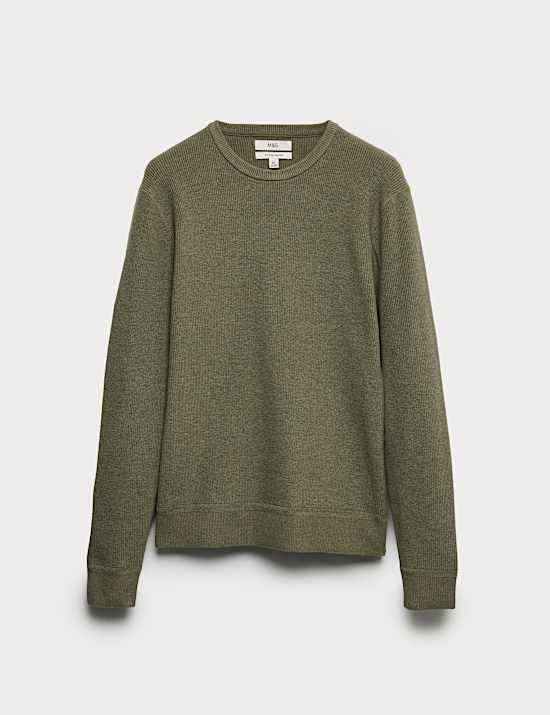 Cotton Blend Fine Ribbed Crew Neck Jumper