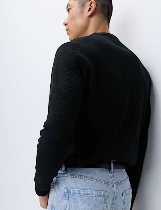 Cotton Blend Fine Ribbed Crew Neck Jumper