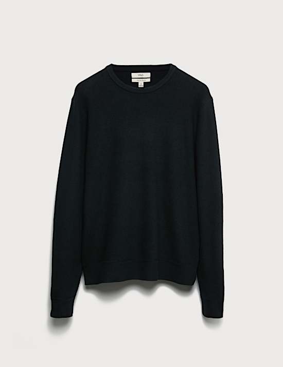 Cotton Blend Fine Ribbed Crew Neck Jumper
