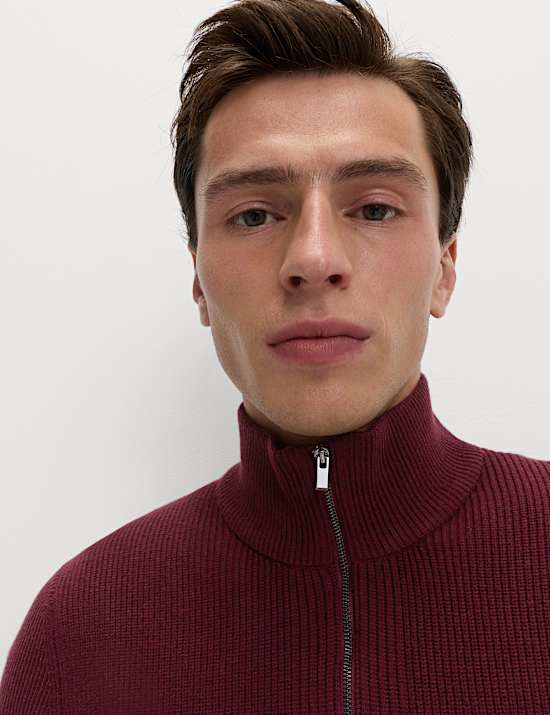 Cotton Blend Ribbed Half Zip Jumper