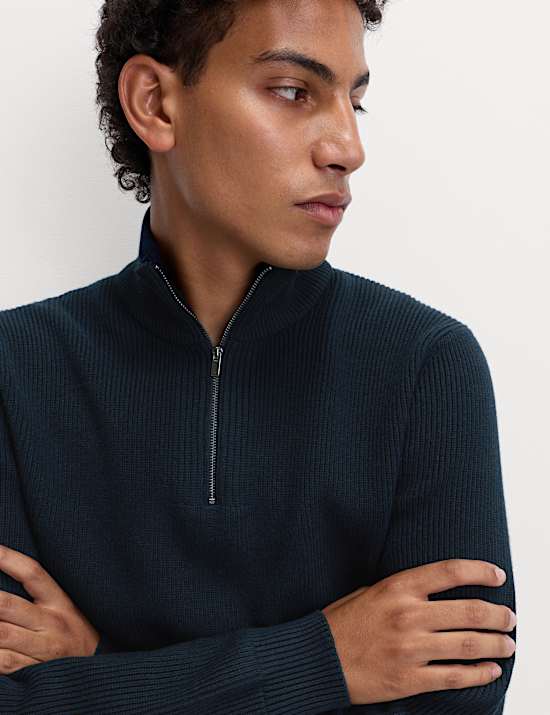 Pull en coton mélangé à col zippé et motif côtelé