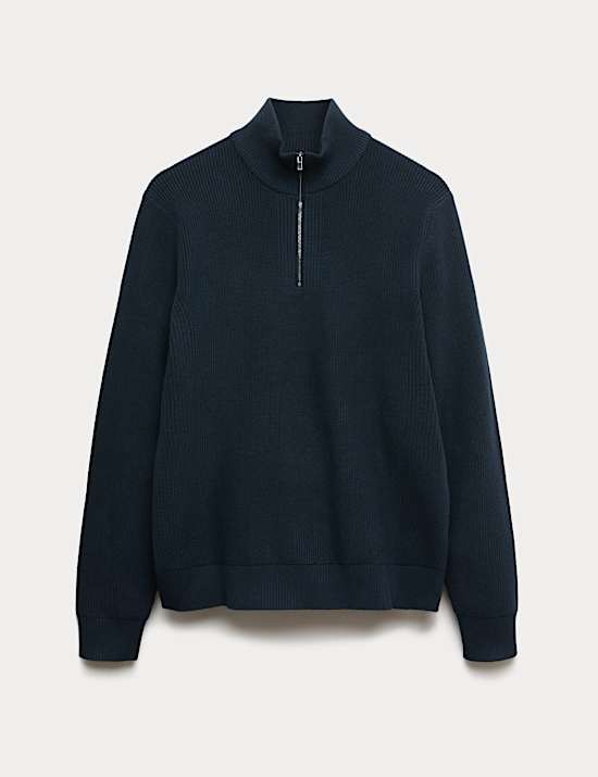 Pull en coton mélangé à col zippé et motif côtelé
