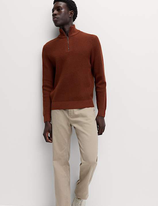 Pull en coton mélangé à col zippé et motif côtelé