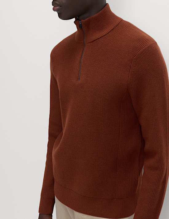 Pull en coton mélangé à col zippé et motif côtelé