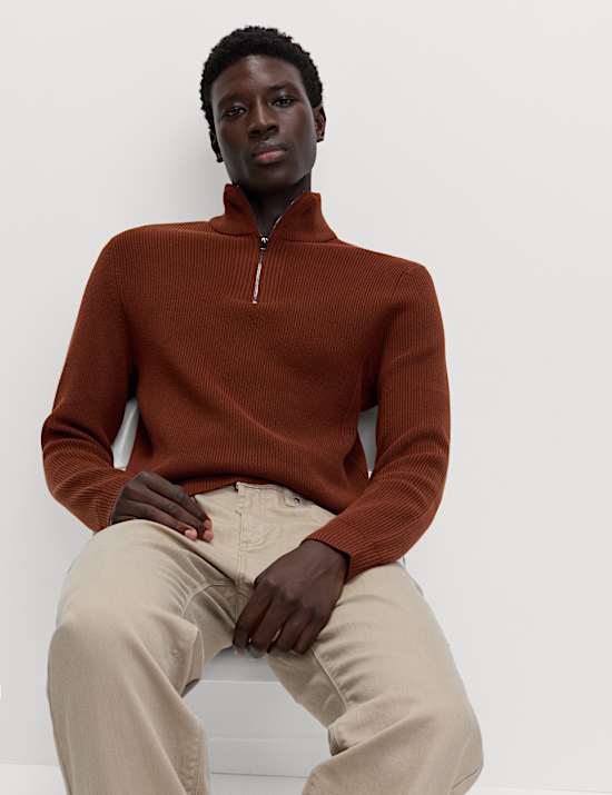 Pull en coton mélangé à col zippé et motif côtelé