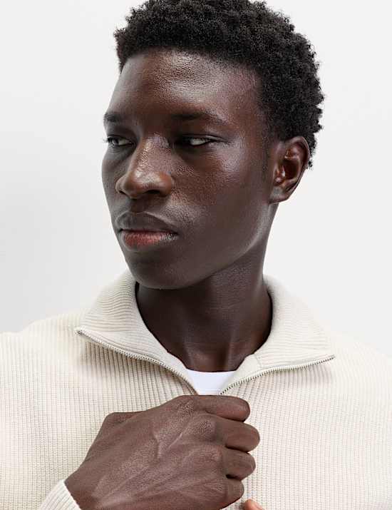 Cotton Blend Ribbed Half Zip Jumper