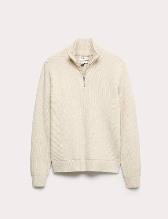 Cotton Blend Ribbed Half Zip Jumper