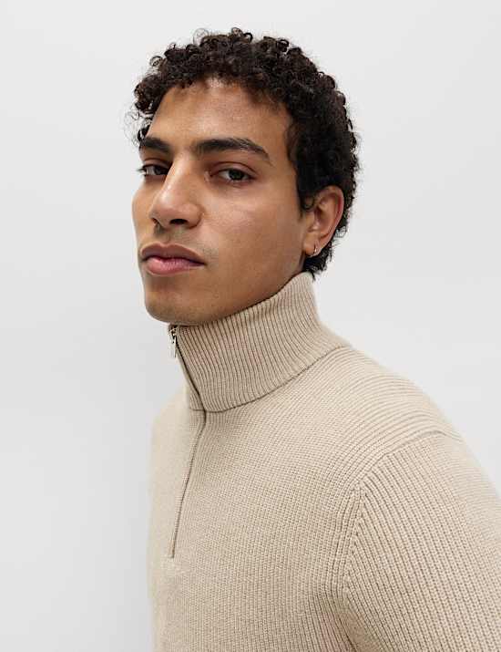 Cotton Blend Ribbed Half Zip Jumper