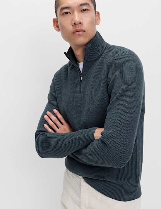 Cotton Blend Ribbed Half Zip Jumper