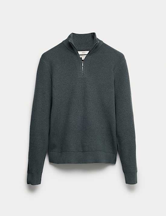 Cotton Blend Ribbed Half Zip Jumper