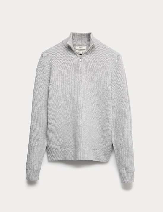 Cotton Blend Ribbed Half Zip Jumper