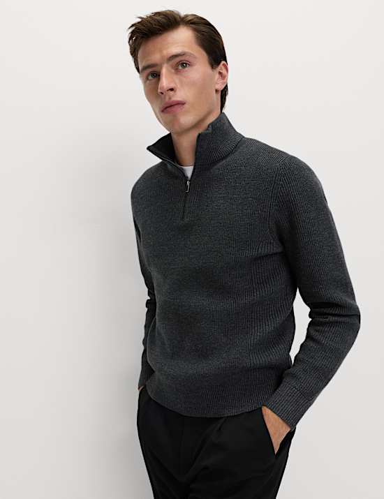 Gerippter Pullover aus Baumwollmischung mit halbem Reißverschluss