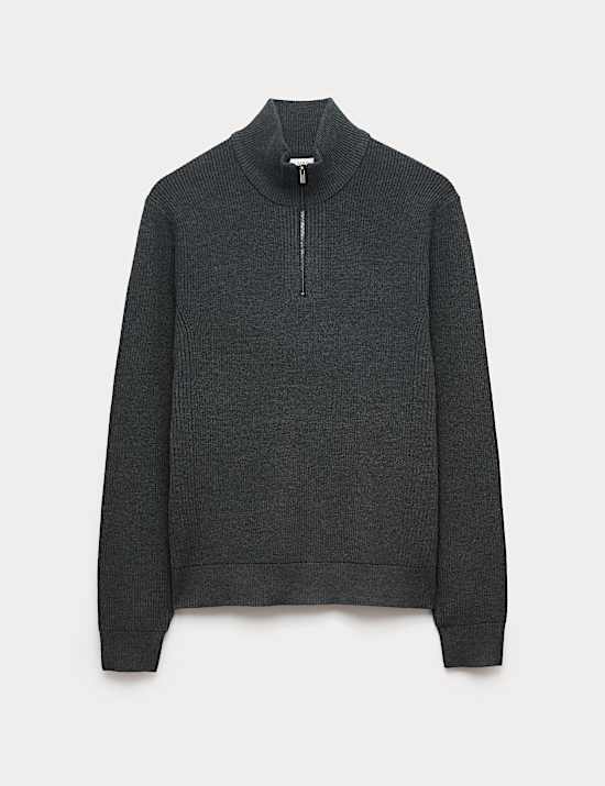 Gerippter Pullover aus Baumwollmischung mit halbem Reißverschluss