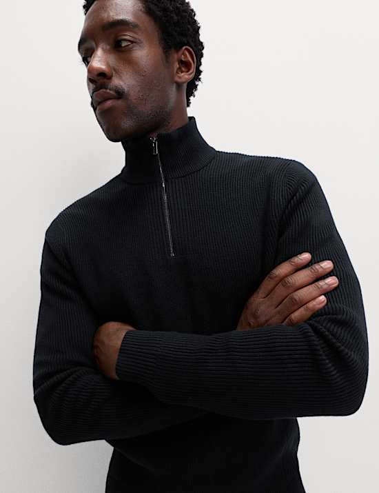 Cotton Blend Ribbed Half Zip Jumper