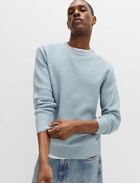 Cotton Blend Textured Crew Neck Jumper