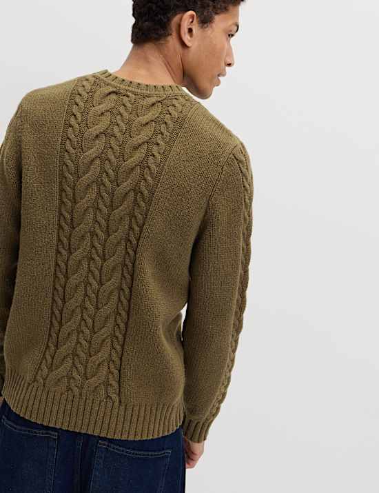 Cotton Blend Cable Knit Crew Neck Jumper