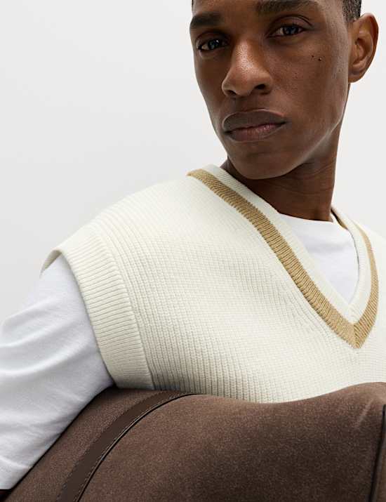 Cotton Blend Tipped V-Neck Knitted Vest