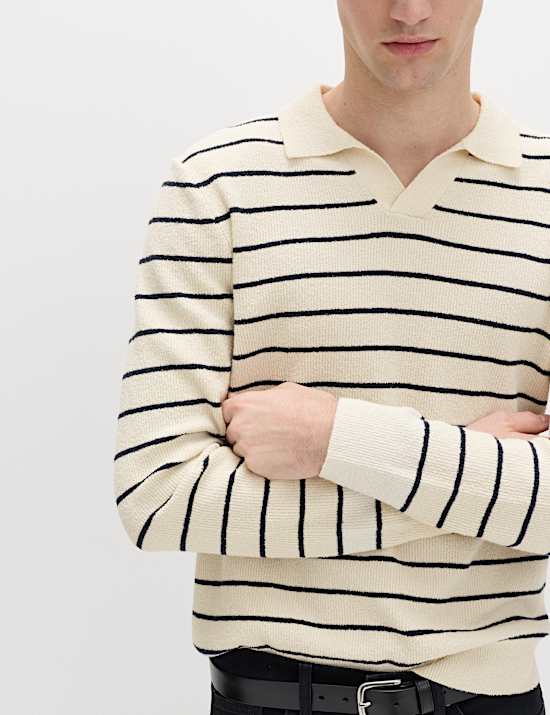 Cotton Rich Boucl&eacute; Striped Open Neck Jumper