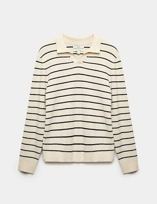 Cotton Rich Boucl&eacute; Striped Open Neck Jumper