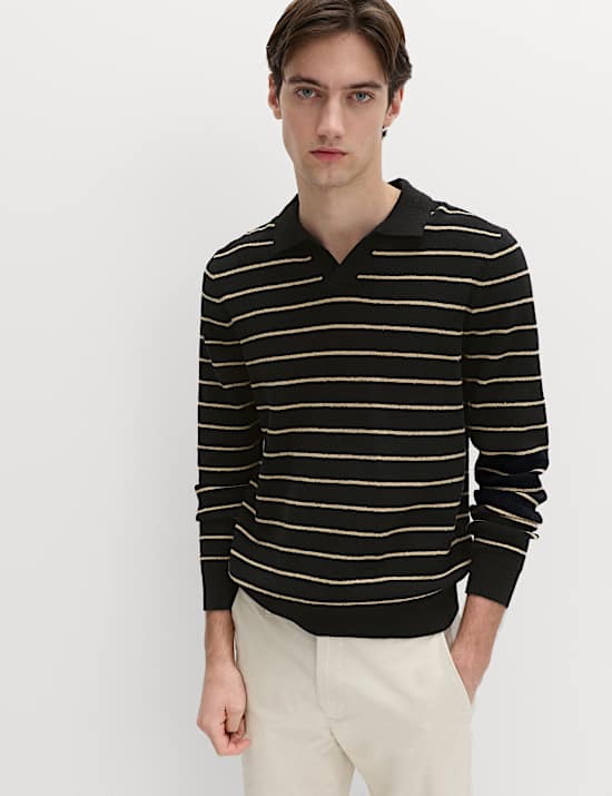 Pull en coton boucl&eacute; &agrave; col ouvert et rayures