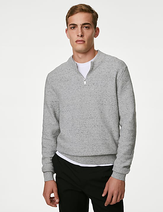 Pull en coton m&eacute;lang&eacute; textur&eacute; &agrave; encolure zipp&eacute;e