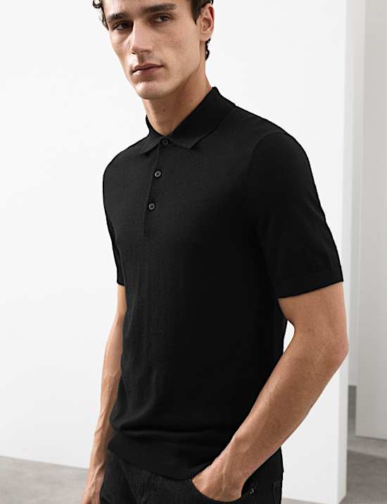 Gebreid poloshirt van extra fijne, zuivere merinowol