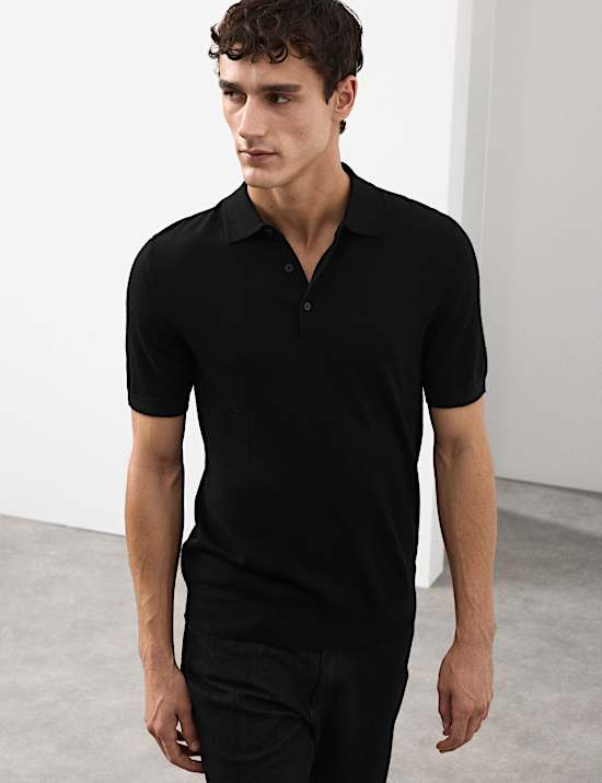 Gebreid poloshirt van extra fijne, zuivere merinowol