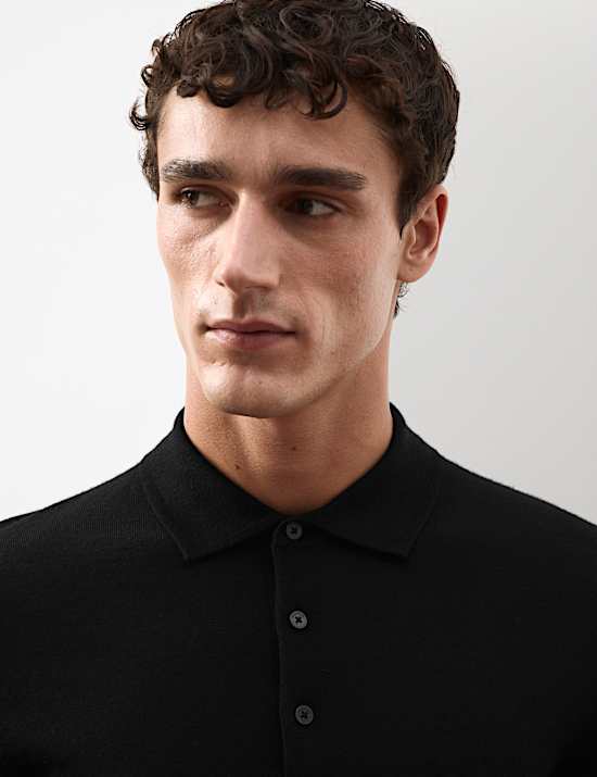 Gebreid poloshirt van extra fijne, zuivere merinowol