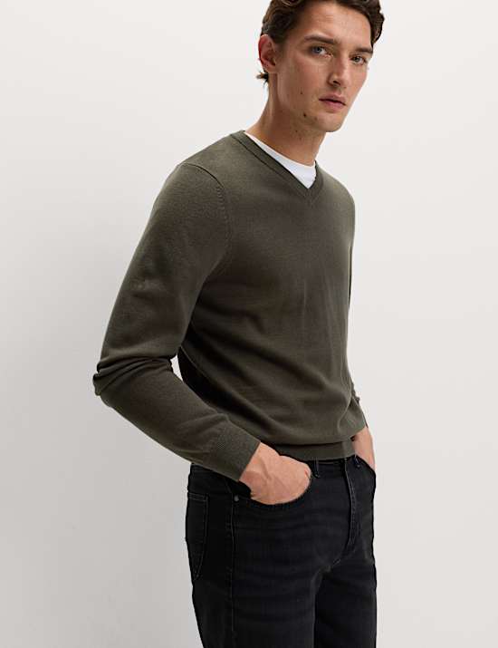 Pull 100 % coton &agrave; col en V
