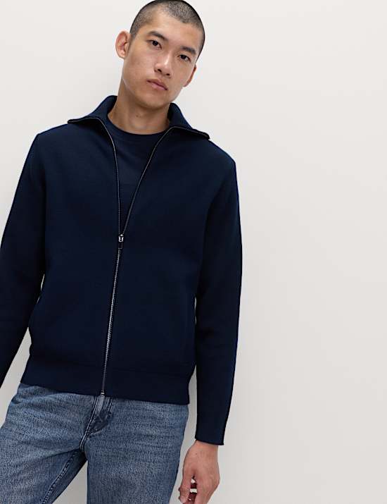Cotton Blend Funnel Neck Zip Up Jumper