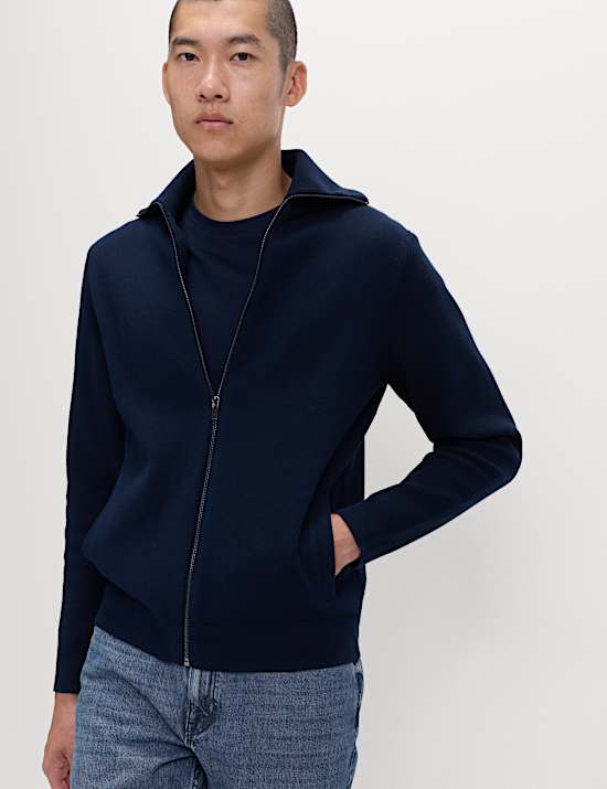 Cotton Blend Milano-Knit Zip Up Jumper