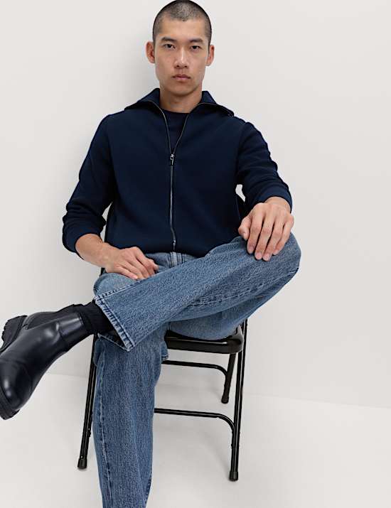 Cotton Blend Milano-Knit Zip Up Jumper