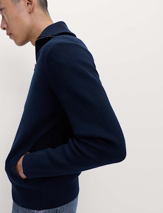 Cotton Blend Milano-Knit Zip Up Jumper