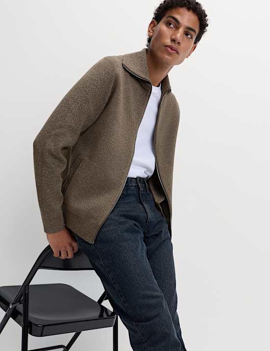 Cotton Blend Milano-Knit Zip Up Jumper