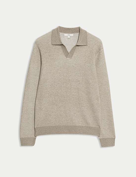 Geripptes Strick-Poloshirt aus Luftgarn mit offenem Kragen