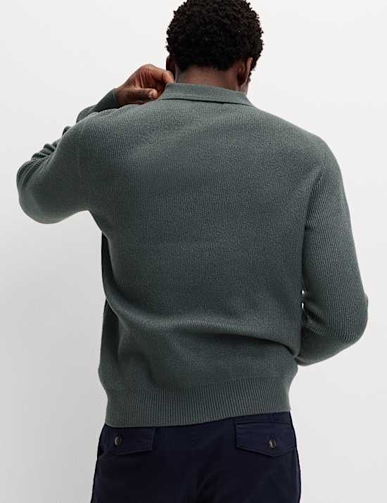 Air-Yarn Ribbed Open Neck Knitted Polo Shirt