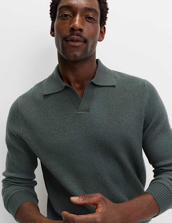 Air-Yarn Ribbed Open Neck Knitted Polo Shirt
