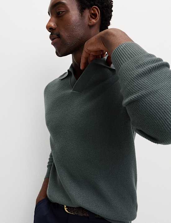 Air-Yarn Ribbed Open Neck Knitted Polo Shirt