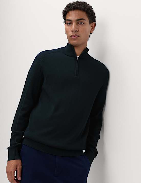 Cotton Modal Blend Half Zip Textured Jumper